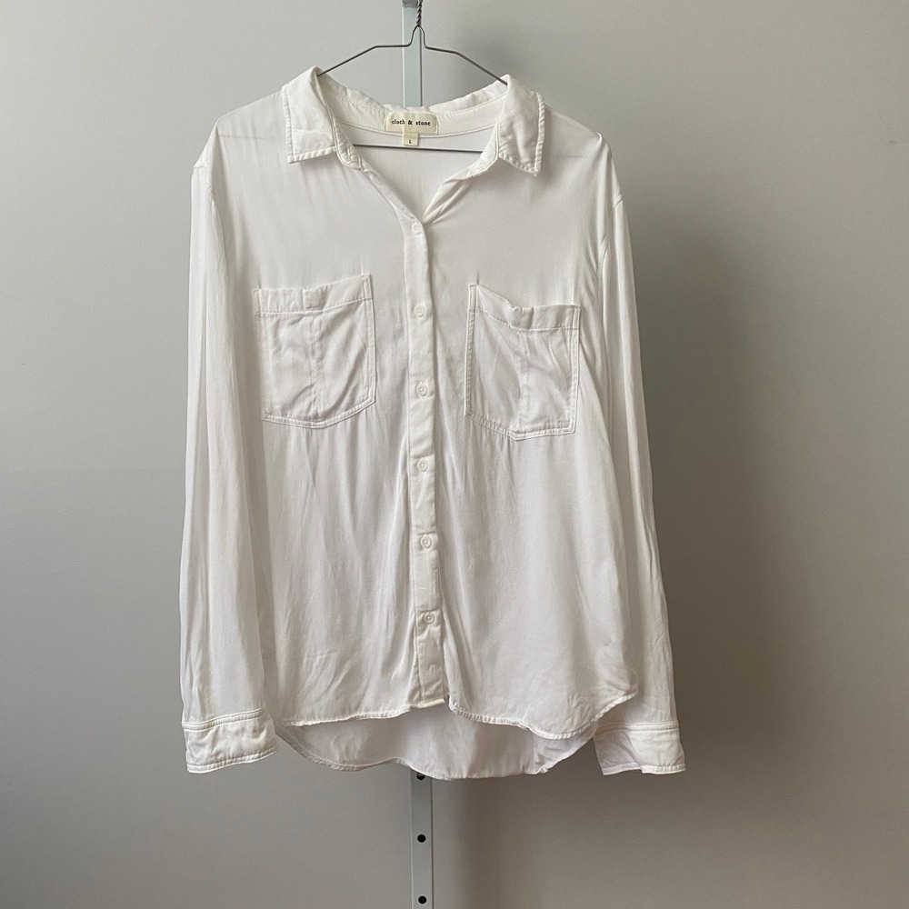 Cloth & Stone L White Button Down Blouse Cupro Rayon‎ C4884-A91-302 Long Sleeve